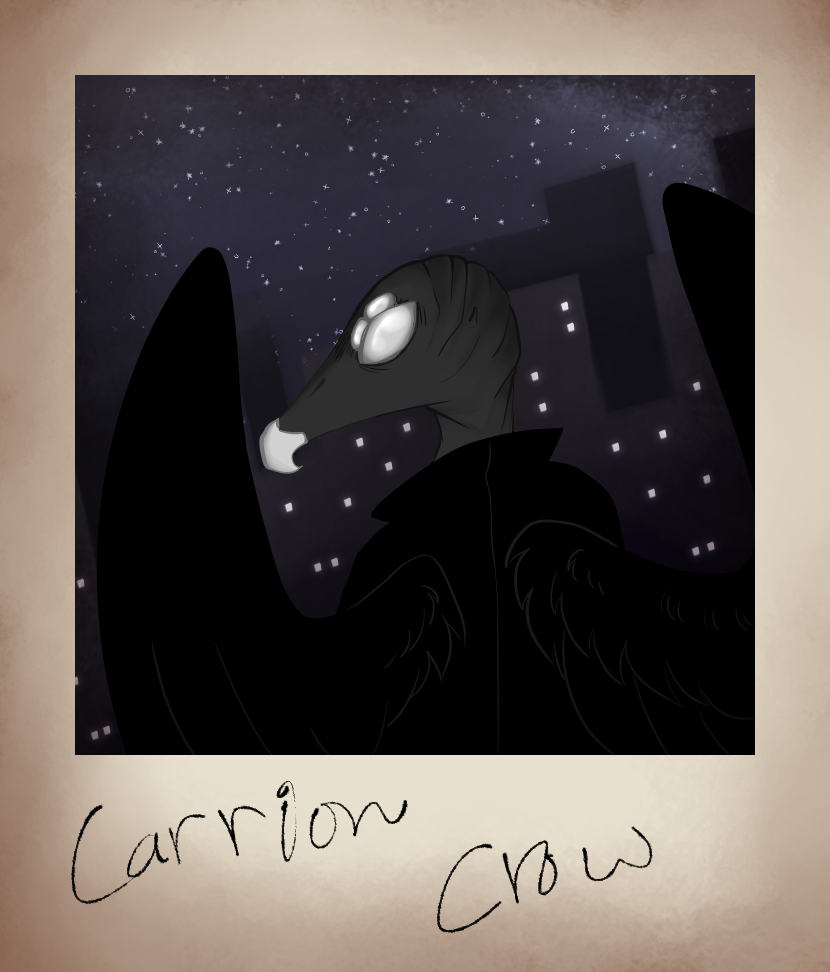 A digital drawing of an anthro black vulture with its back to the veiwer. Its head is turned to the side and it has six eyes. The drawing is labeled Carrion Crow